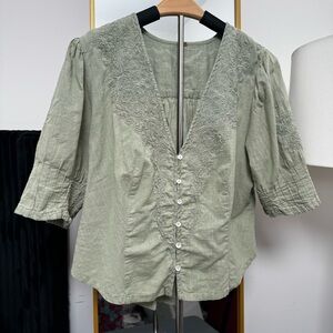 Madewell Sage Green Cotton Embroidered Button Front Blouse